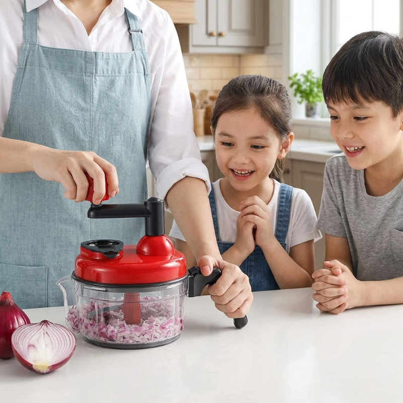 Des-enfants-autour-de-l-adulte-utilisant-le-Hachoir-legume-manuel