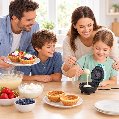 famille-de-quatre-preparant-avec-le-gaufrier-petite-gaufre