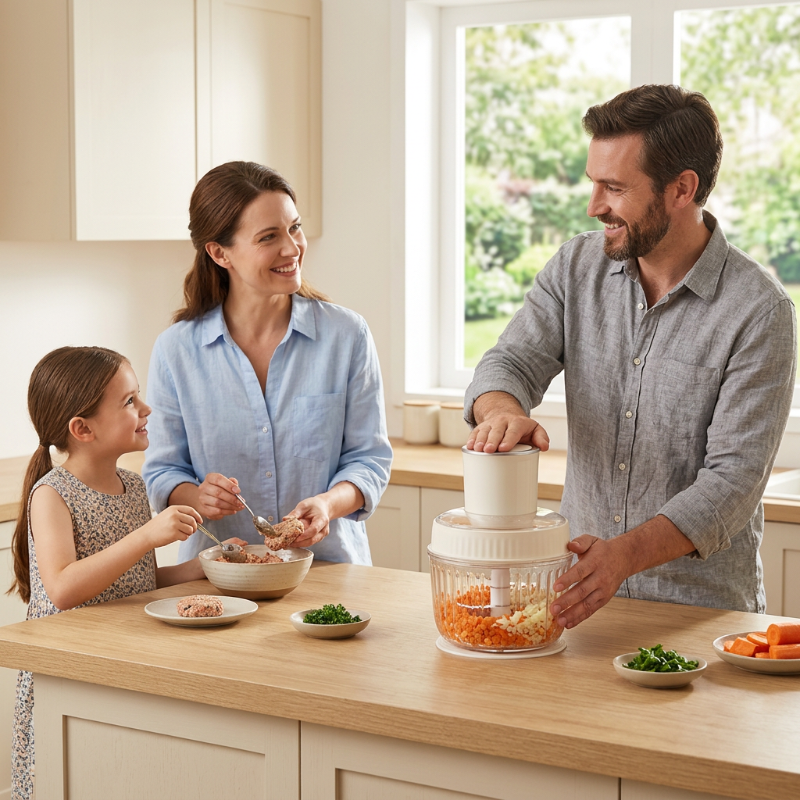 famille-preparant-des-galettes-de-legumes-avec-le-hachoir-a-viande-electrique