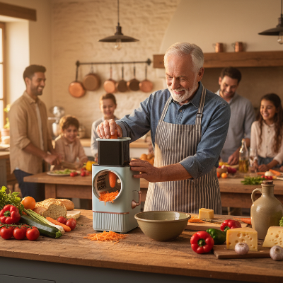 grand-pere-preparant-le-repas-avec-la-mandoline-electrique