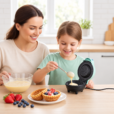 maman-et-enfant-preparant-des-gaufres-bols-avec-le-gaufrier-petite-gaufre